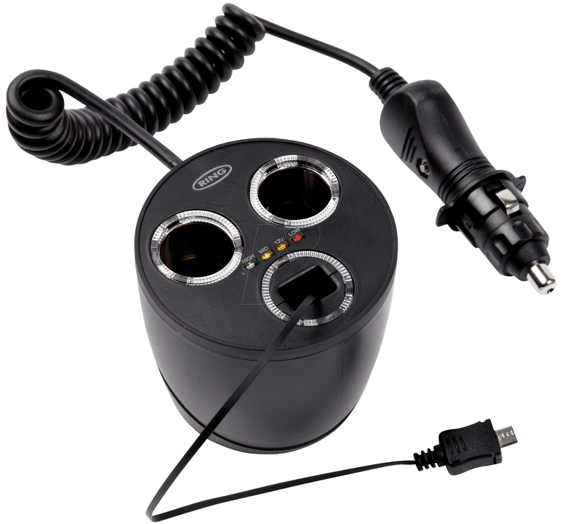 Ring RMS13 12v Car 2 Way Twin Cigarette Lighter Multi Socket Micro USB Power Adapter +Caps