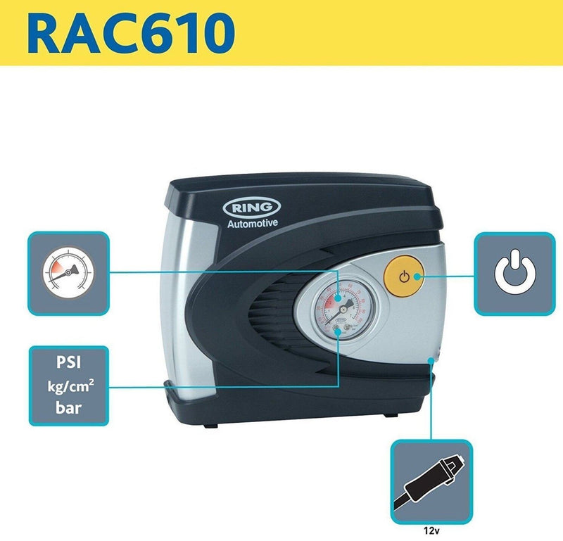 Ring RAC610 12v Plug Analogue Gauge Car Tyre Air Compressor Inflator Pump +Caps