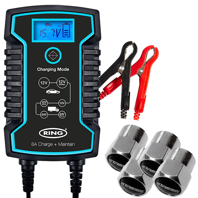 Ring RSC808 12v 24v 8A Start/Stop Car Van Truck Smart Battery Charger & Maintainer +Caps