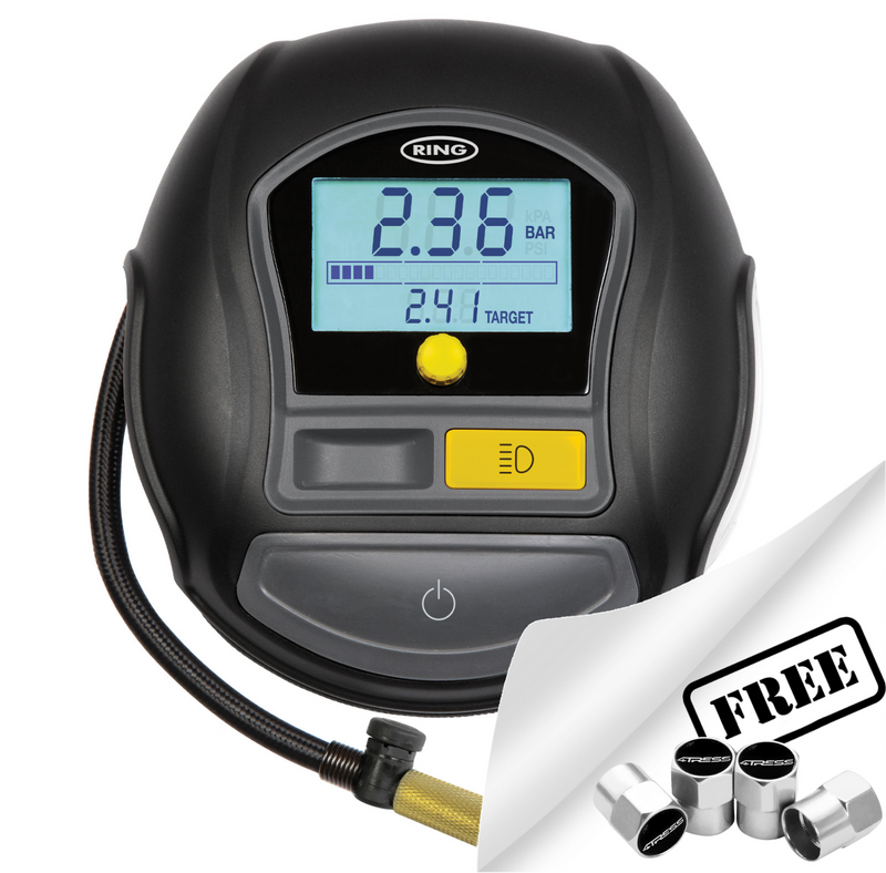 Ring RTC1000 12v Rapid Digital Auto Stop Car Tyre Air Compressor Inflator Pump +Caps