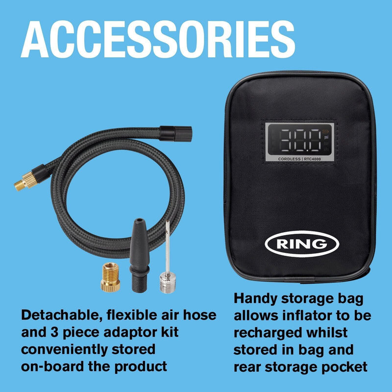 Ring RTC4000 Cordless Rechargeable Mini Car Tyre Air Compressor Inflator Pump +Caps
