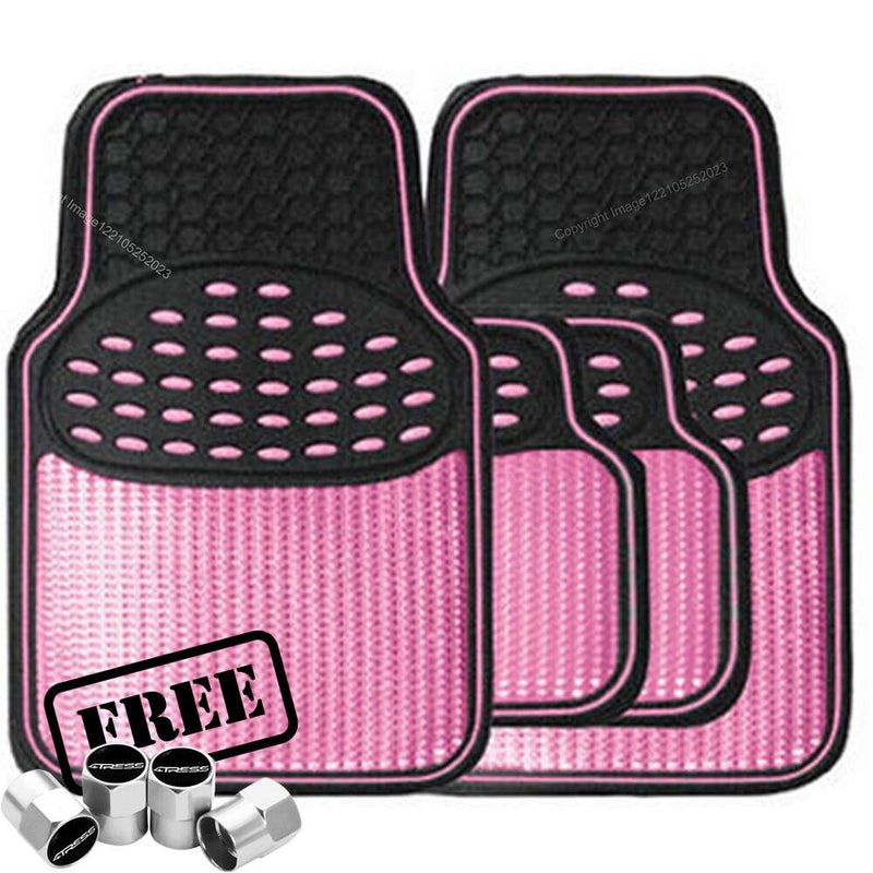 Revelation Shiny Pink Metallic Checker Effect Heavy Duty Car Black Rubber Mats Set of 4 +Caps