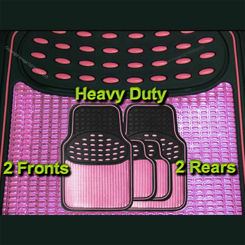 Revelation Shiny Pink Metallic Checker Effect Heavy Duty Car Black Rubber Mats Set of 4 +Caps