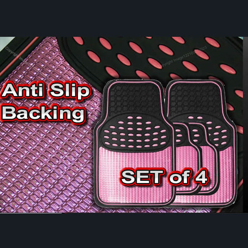 Revelation Shiny Pink Metallic Checker Effect Heavy Duty Car Black Rubber Mats Set of 4 +Caps