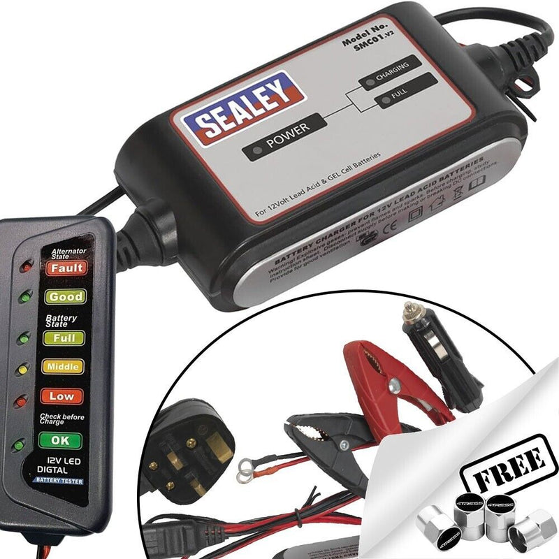 Sealey SMC01 12v Car Bike 3 Cycle 4 Step Automatic Battery Charger Maintainer +Caps