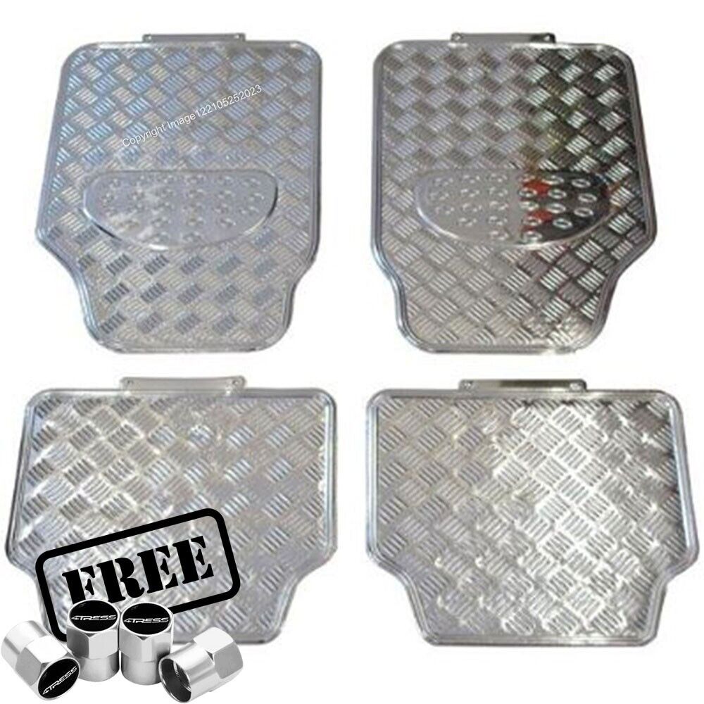 Shiny Silver Chrome Look Checker Style Effect Car Rubber Floor Mats Set of 4 +Caps