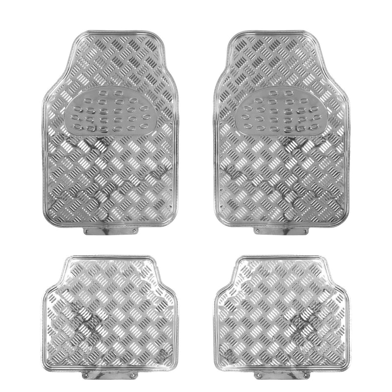 Shiny Silver Chrome Look Checker Style Effect Car Rubber Floor Mats Set of 4 +Caps