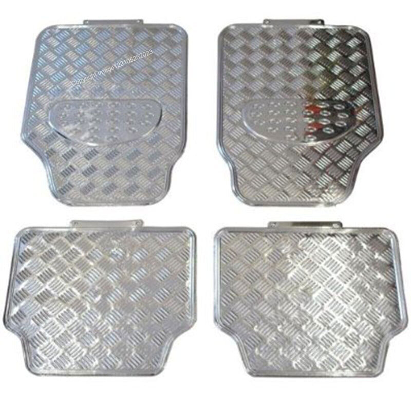 Shiny Silver Chrome Look Checker Style Effect Car Rubber Floor Mats Set of 4 +Caps