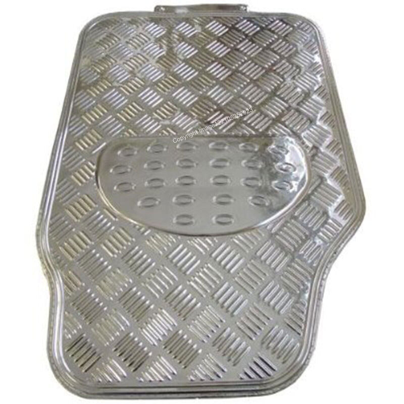 Shiny Silver Chrome Look Checker Style Effect Car Rubber Floor Mats Set of 4 +Caps
