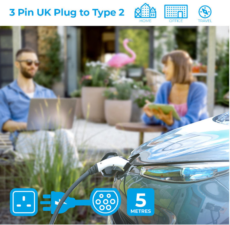 Simply 3 Pin UK Plug To EV Car Type 2 Adapter Charging Cable Charger With Adjustable Electric +Caps