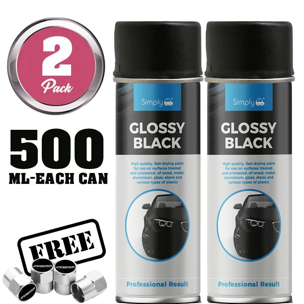 2 x Simply GLOSS BLACK Spray Paint For Metal, Wood, Plastic, Stone 500ml +Caps