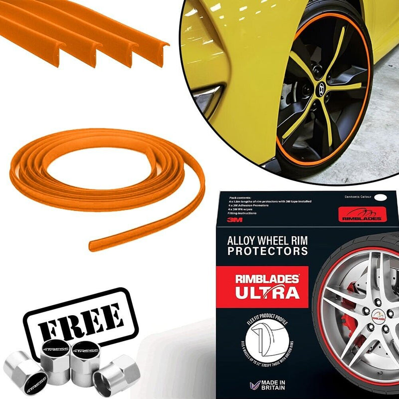 Rimblades ULTRA ORANGE Car 4x4 Alloy Wheel Rim Edge Protectors Styling Strip Kit +Caps