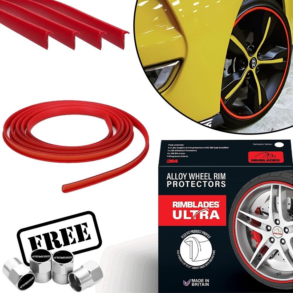 Rimblades ULTRA RED Car 4x4 Alloy Wheel Rim Edge Protectors Styling Strip Kit +Caps