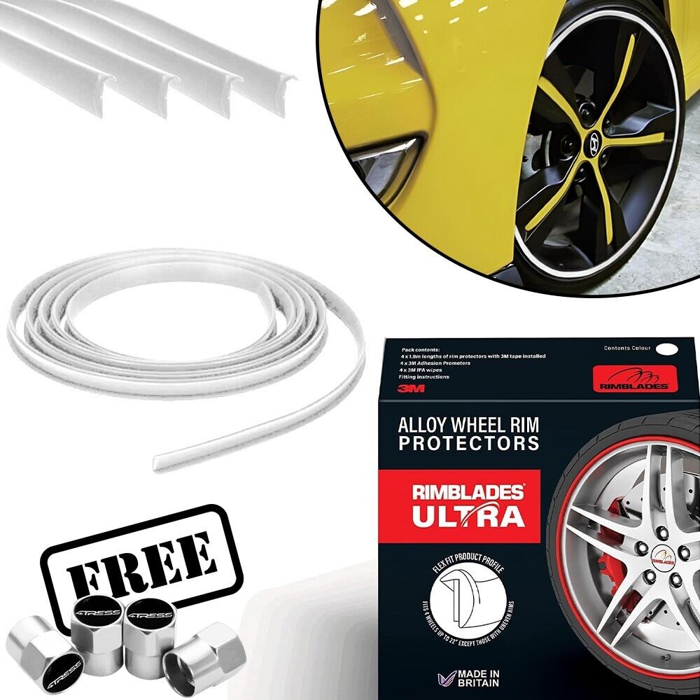 Rimblades ULTRA WHITE Car 4x4 Alloy Wheel Rim Edge Protectors Styling Strip Kit +Caps
