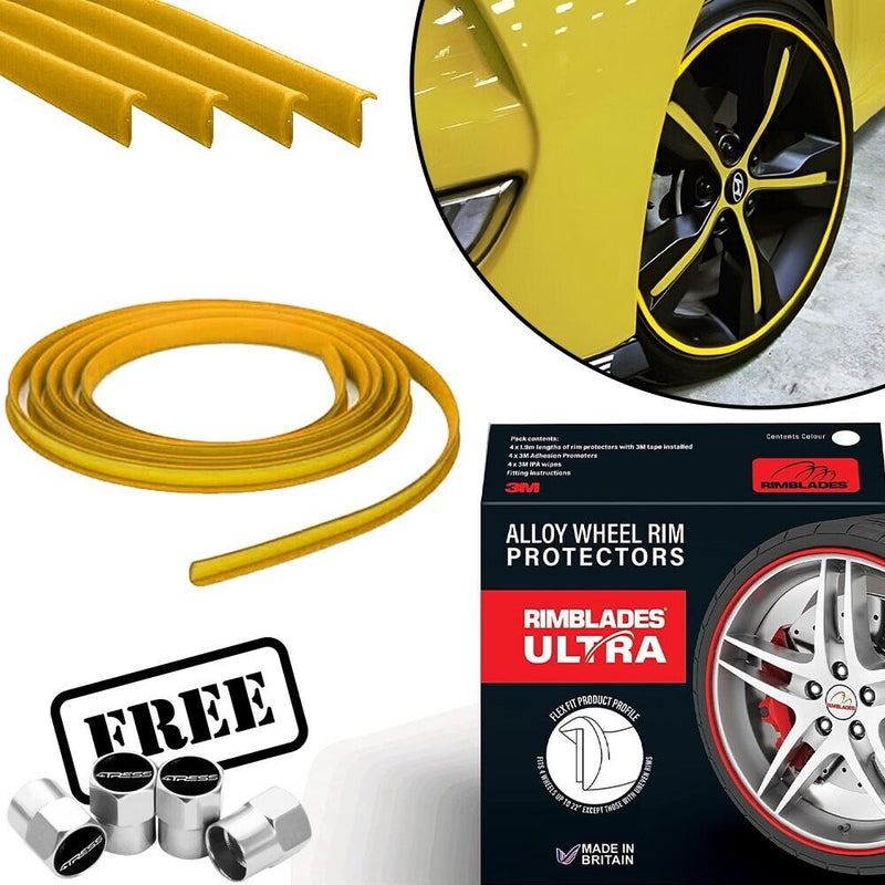 Rimblades ULTRA YELLOW Car 4x4 Alloy Wheel Rim Edge Protectors Styling Strip Kit +Caps