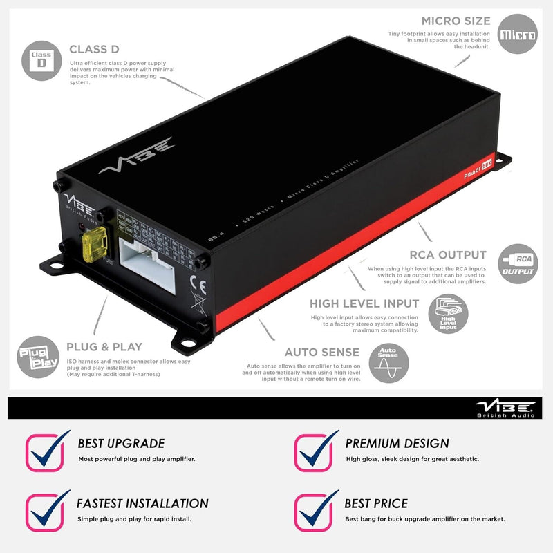 Vibe Powerbox 65.4M 520w Micro Mini Class D 4 Channel Car Bass Amp Amplifier +Caps