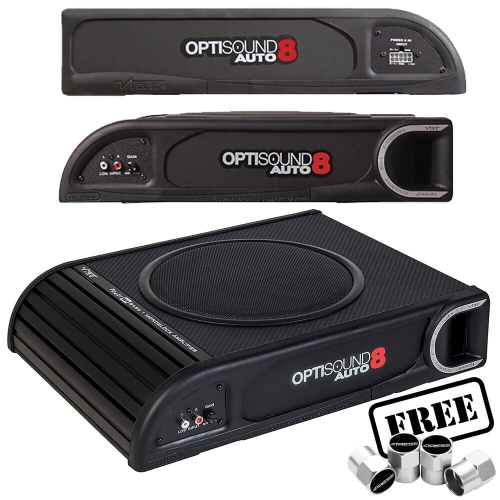 Vibe OptiSound Auto 8 Car Underseat Slim Active Amplified Subwoofer Bass Box Enclosure +Caps