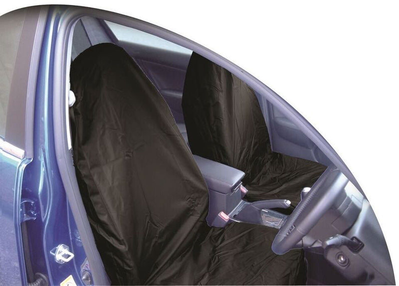 Black Heavy Duty Nylon Waterproof Dirt Mud Resistant Car Front Seat Cover HDFBKSC +Caps
