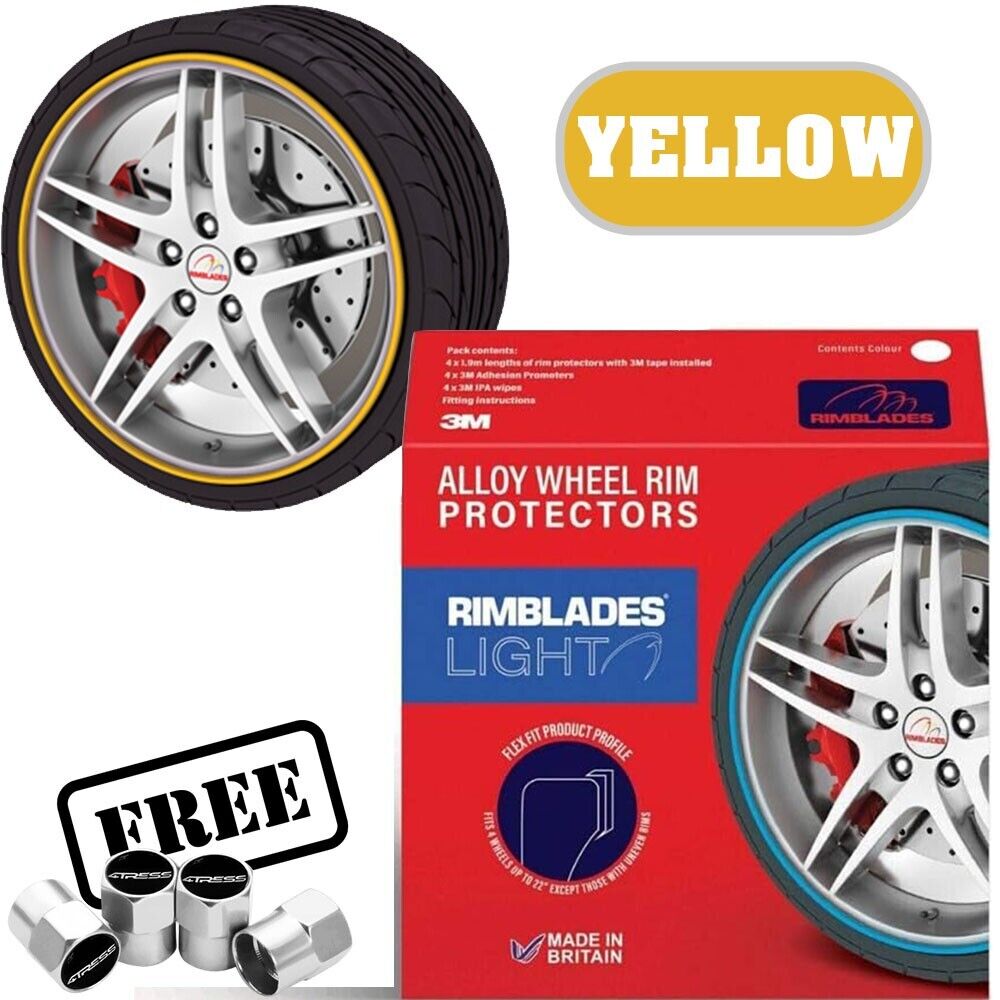 Rimblades LIGHT Car YELLOW Alloy Wheel Rim Edge Rubber Protectors Styling Strip Kit +Caps