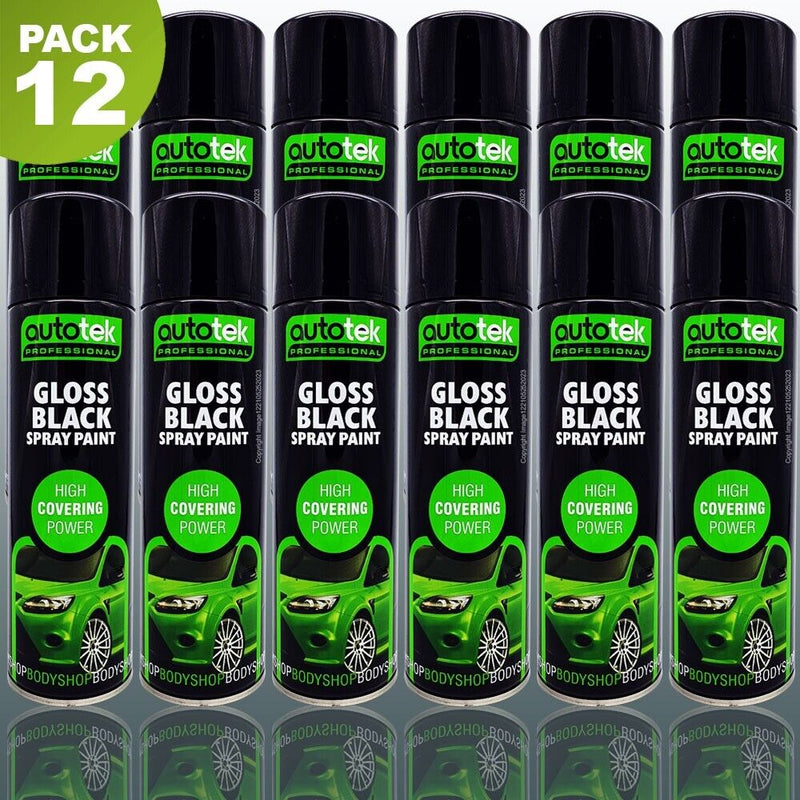 12 x Autotek Gloss Black Spray Paint Professional High Covering Power+G+C✅