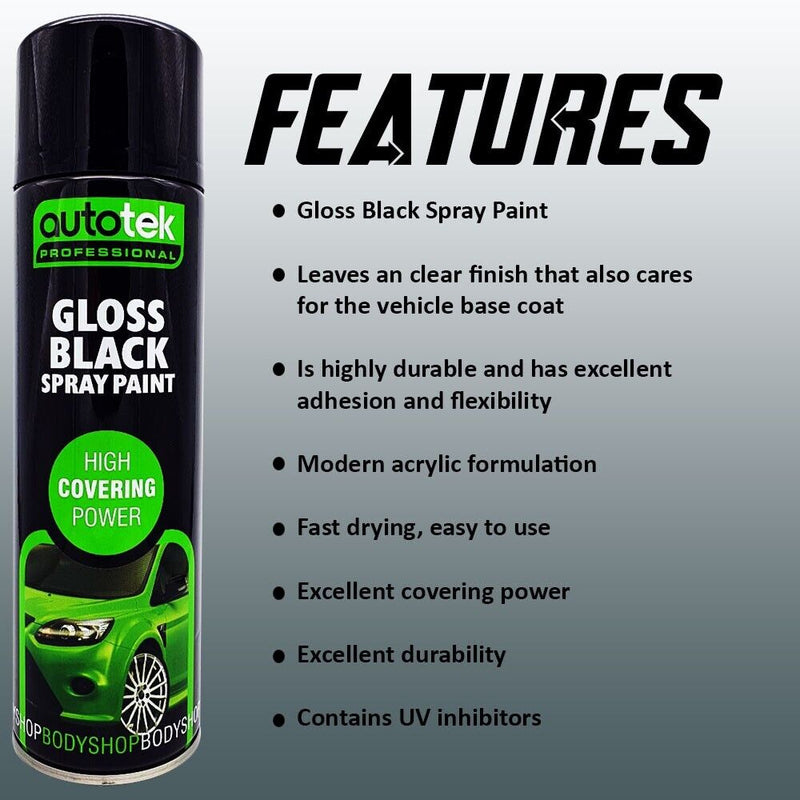 4 x Autotek Gloss Black Spray Paint Professional Bodyshop High Covering Power+G+C✅