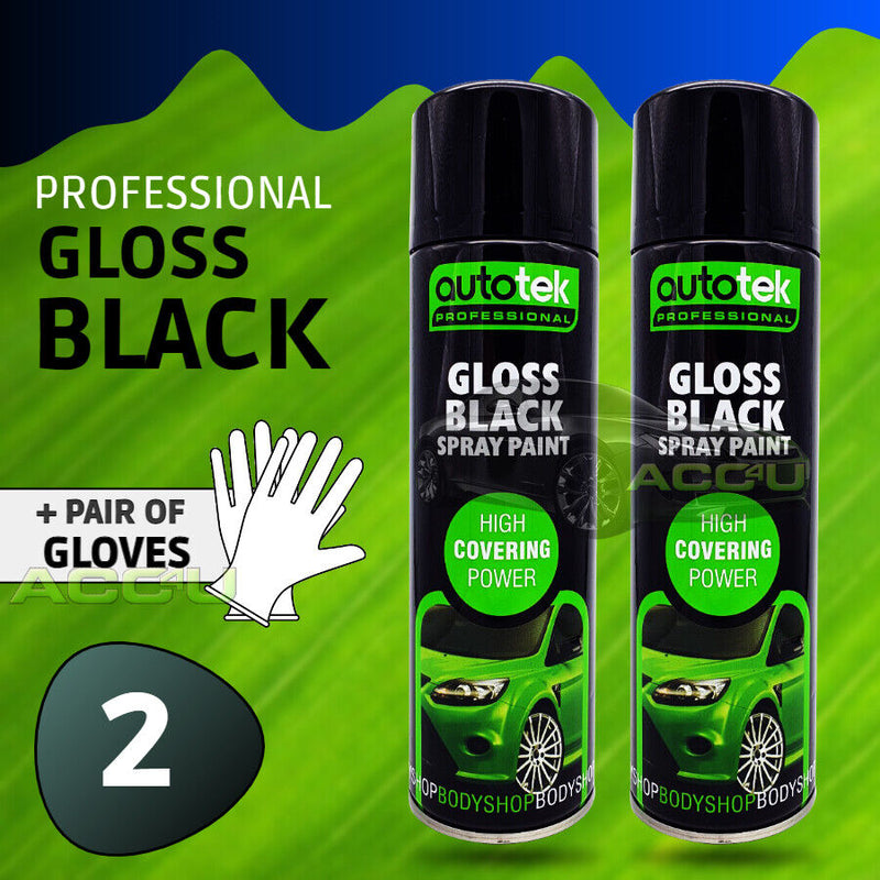 2 x Autotek Gloss Black Spray Paint Professional Bodyshop High Covering Power+G+C✅