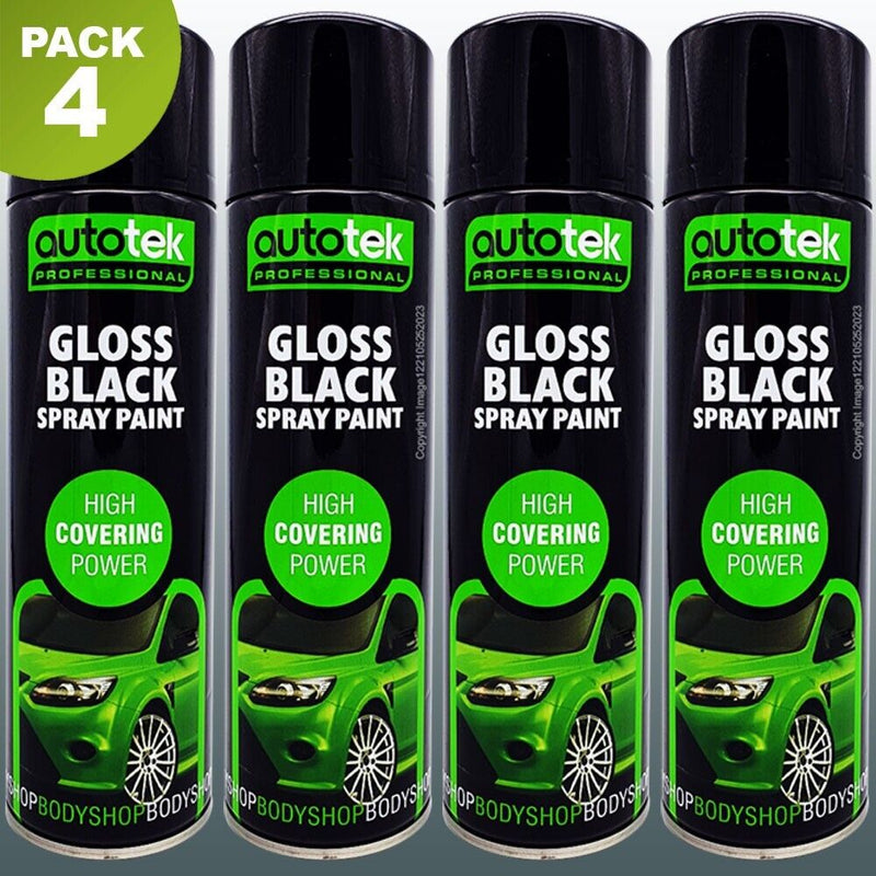 4 x Autotek Gloss Black Spray Paint Professional Bodyshop High Covering Power+G+C✅