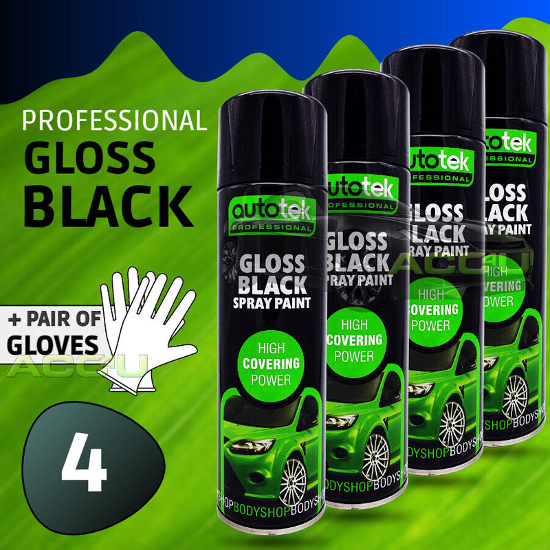 4 x Autotek Gloss Black Spray Paint Professional Bodyshop High Covering Power+G+C✅