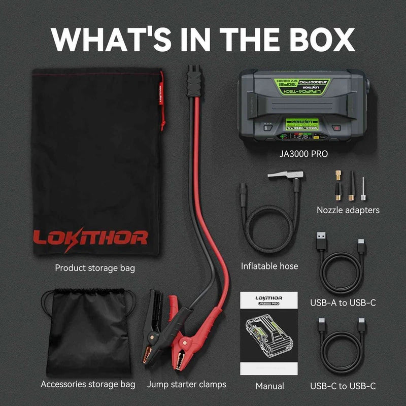 Lokithor JA302 PRO 12v 3000A Lithium Car Battery Jump Starter Tyre Air Compressor