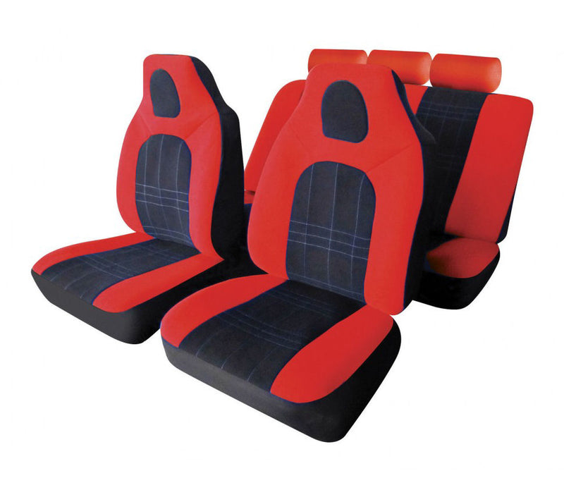 D-Zine Black Red Velour Fabric Front Built In Headrest Airbag Friendly Car Seat Covers Set