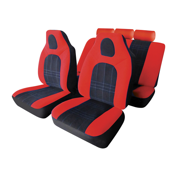 D-Zine Black Red Velour Fabric Front Built In Headrest Airbag Friendly Car Seat Covers Set