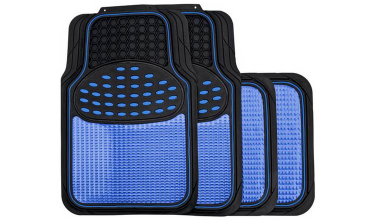 Revelation Shiny Blue Metallic Checker Effect Heavy Duty Car Black Rubber Mats Set of 4