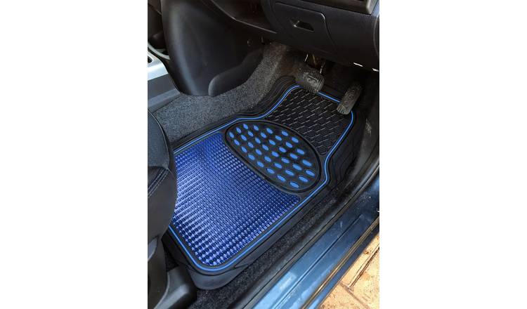 Revelation Shiny Blue Metallic Checker Effect Heavy Duty Car Black Rubber Mats Set of 4