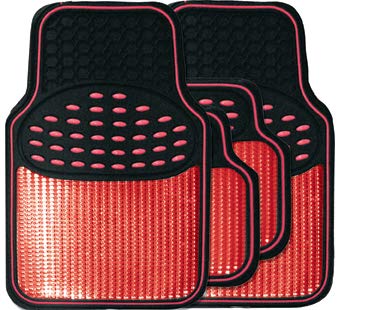 Revelation Shiny Red Metallic Checker Effect Heavy Duty Car Black Rubber Mats Set of 4