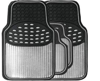 Revelation Silver Chrome Metallic Look Effect Heavy Duty Car Black Rubber Mats Set Of 4