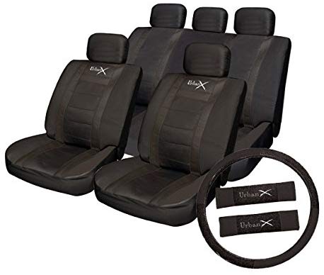 Urban X Black Leather Look Airbag OK Car 50-50 60-40 Split Rear Seat Covers Package Set