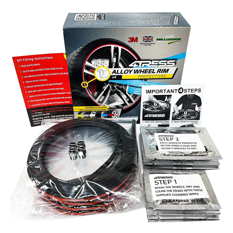 4TRESS ULTRA BLACK Car 4x4 Alloy Wheel Rim Edge Protectors Strips+Chrome Dust Caps Kit