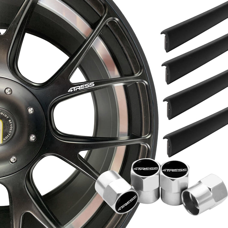 4TRESS ULTRA BLACK Car 4x4 Alloy Wheel Rim Edge Protectors Strips+Chrome Dust Caps Kit