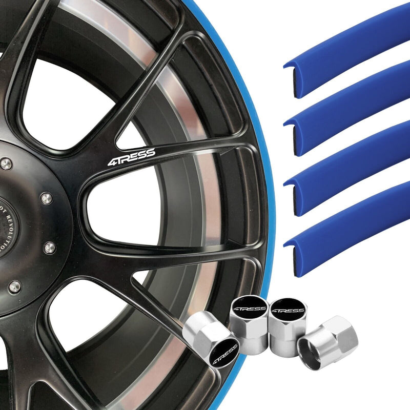 4TRESS ULTRA BLUE Car 4x4 Alloy Wheel Rim Edge Protectors Strips+Chrome Dust Caps Kit