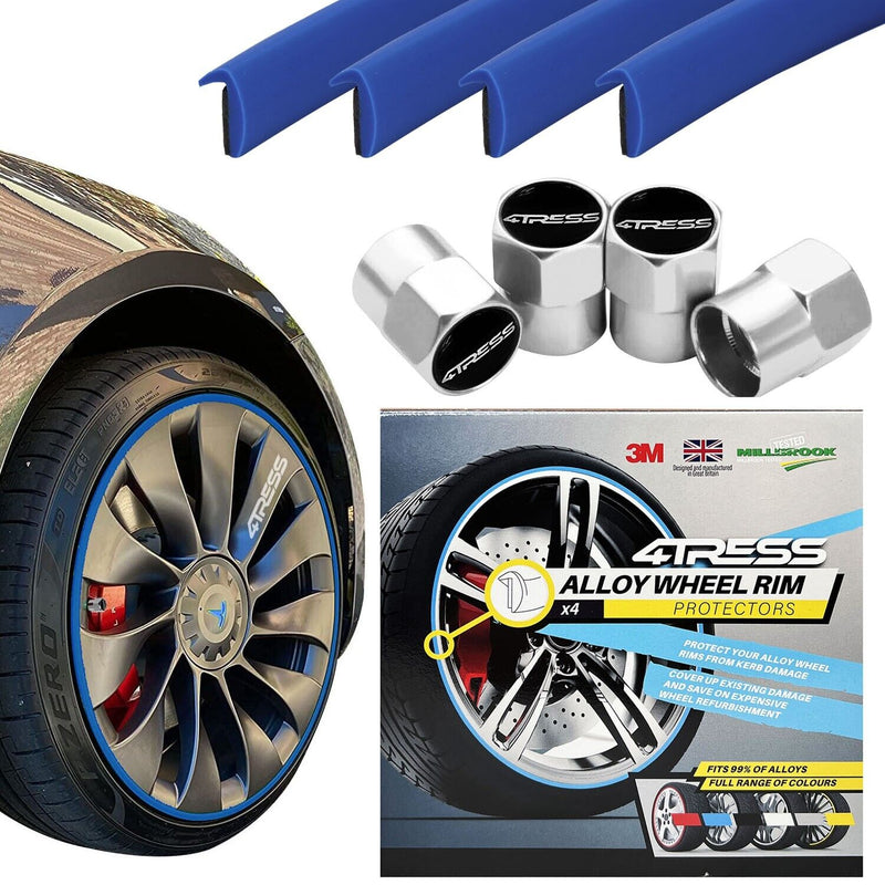 4TRESS ULTRA BLUE Car 4x4 Alloy Wheel Rim Edge Protectors Strips+Chrome Dust Caps Kit