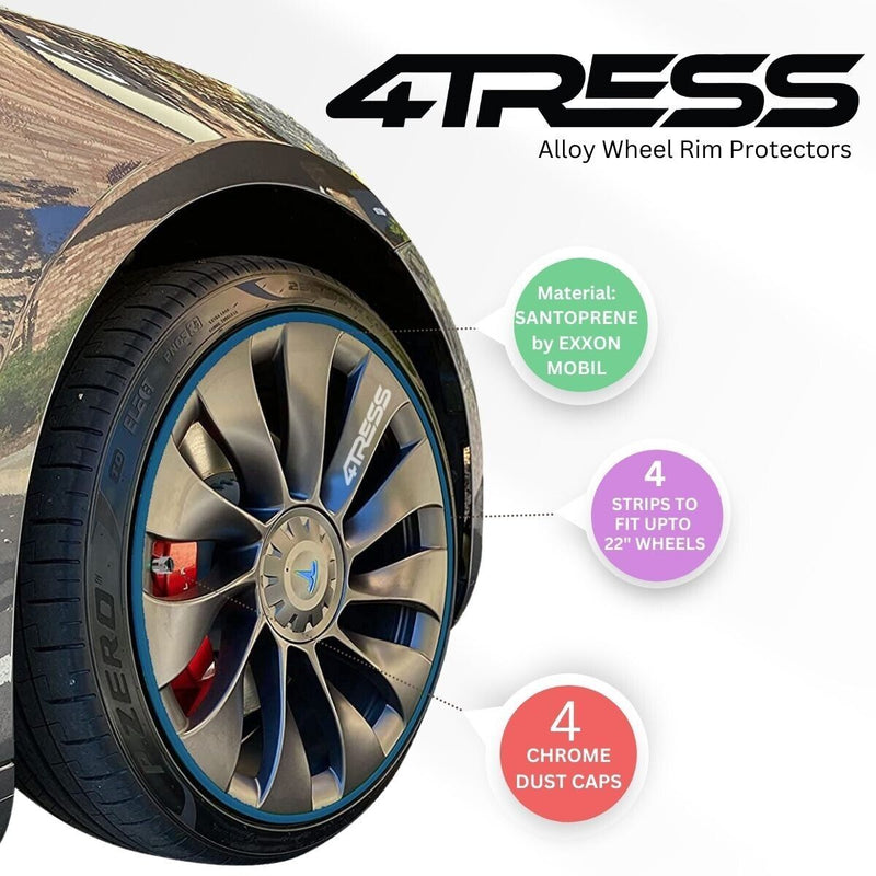 4TRESS ULTRA BLUE Car 4x4 Alloy Wheel Rim Edge Protectors Strips+Chrome Dust Caps Kit