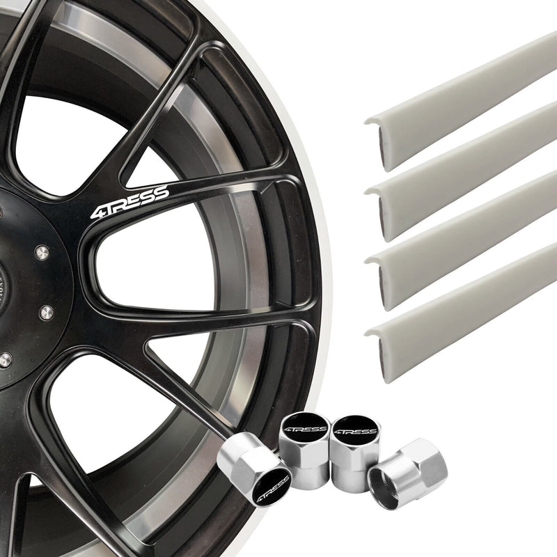 4TRESS ULTRA WHITE Car 4x4 Alloy Wheel Rim Edge Protectors Strips+Chrome Dust Caps Kit