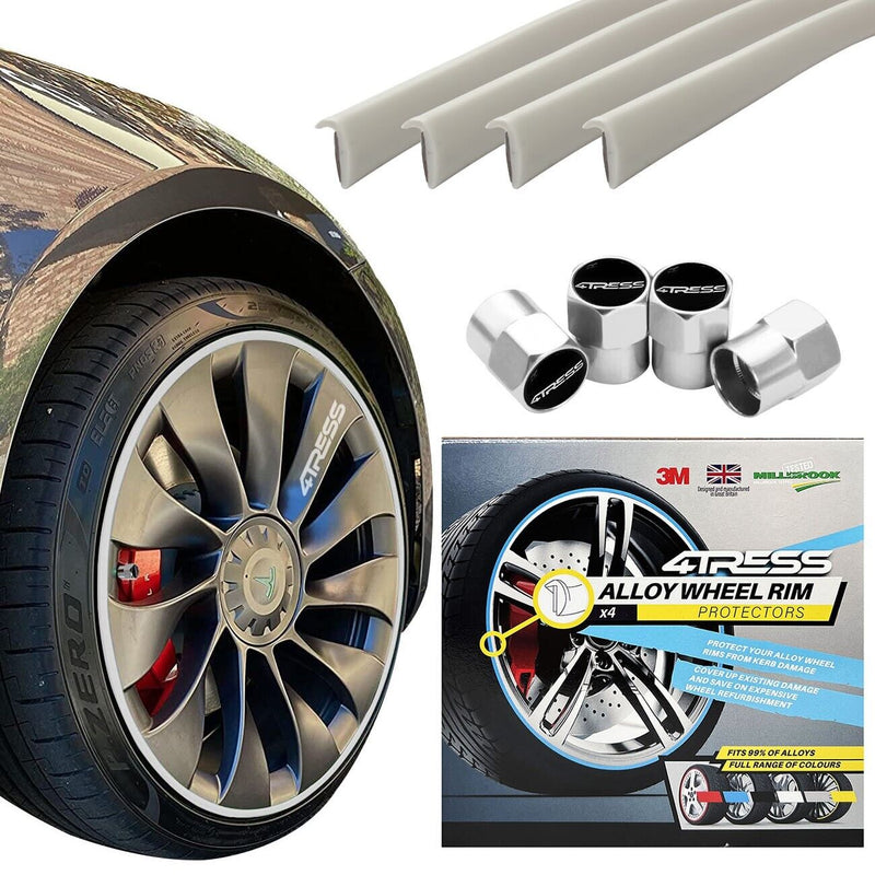4TRESS ULTRA WHITE Car 4x4 Alloy Wheel Rim Edge Protectors Strips+Chrome Dust Caps Kit