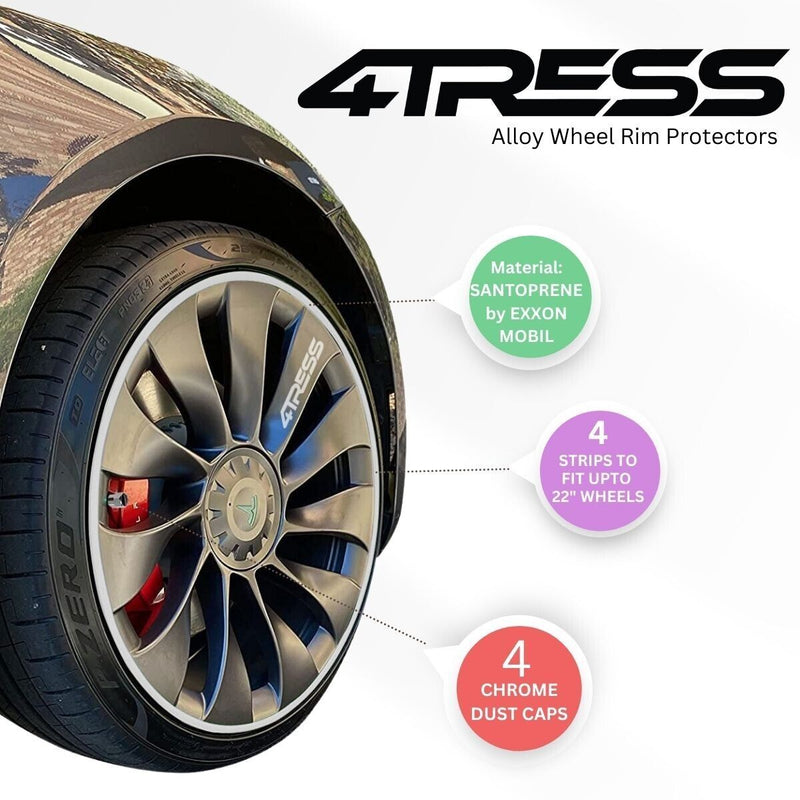 4TRESS ULTRA WHITE Car 4x4 Alloy Wheel Rim Edge Protectors Strips+Chrome Dust Caps Kit