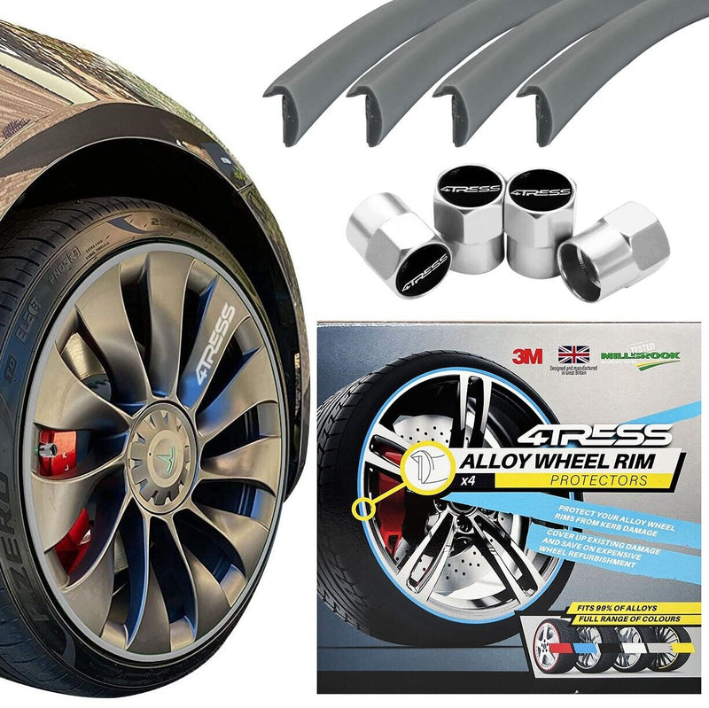 4TRESS ULTRA SILVER GREY Car 4x4 Alloy Wheel Rim Edge Protectors Strips+Chrome Caps