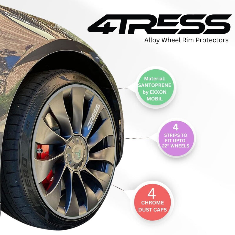 4TRESS ULTRA SILVER GREY Car 4x4 Alloy Wheel Rim Edge Protectors Strips+Chrome Caps