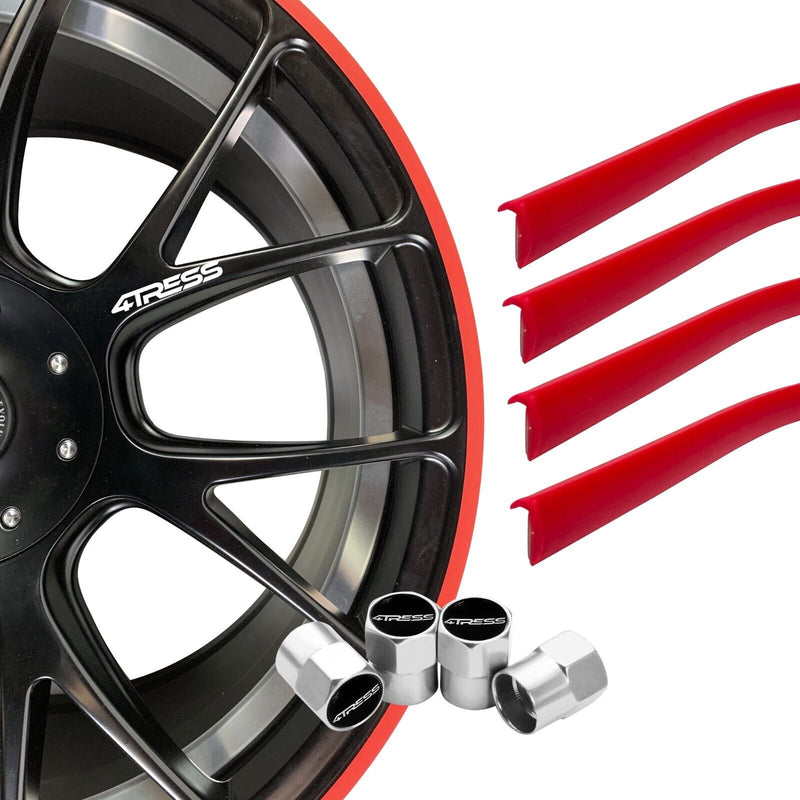 4TRESS ULTRA RED Car 4x4 Alloy Wheel Rim Edge Protectors Strips+Chrome Dust Caps Kit