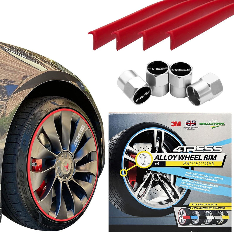 4TRESS ULTRA RED Car 4x4 Alloy Wheel Rim Edge Protectors Strips+Chrome Dust Caps Kit