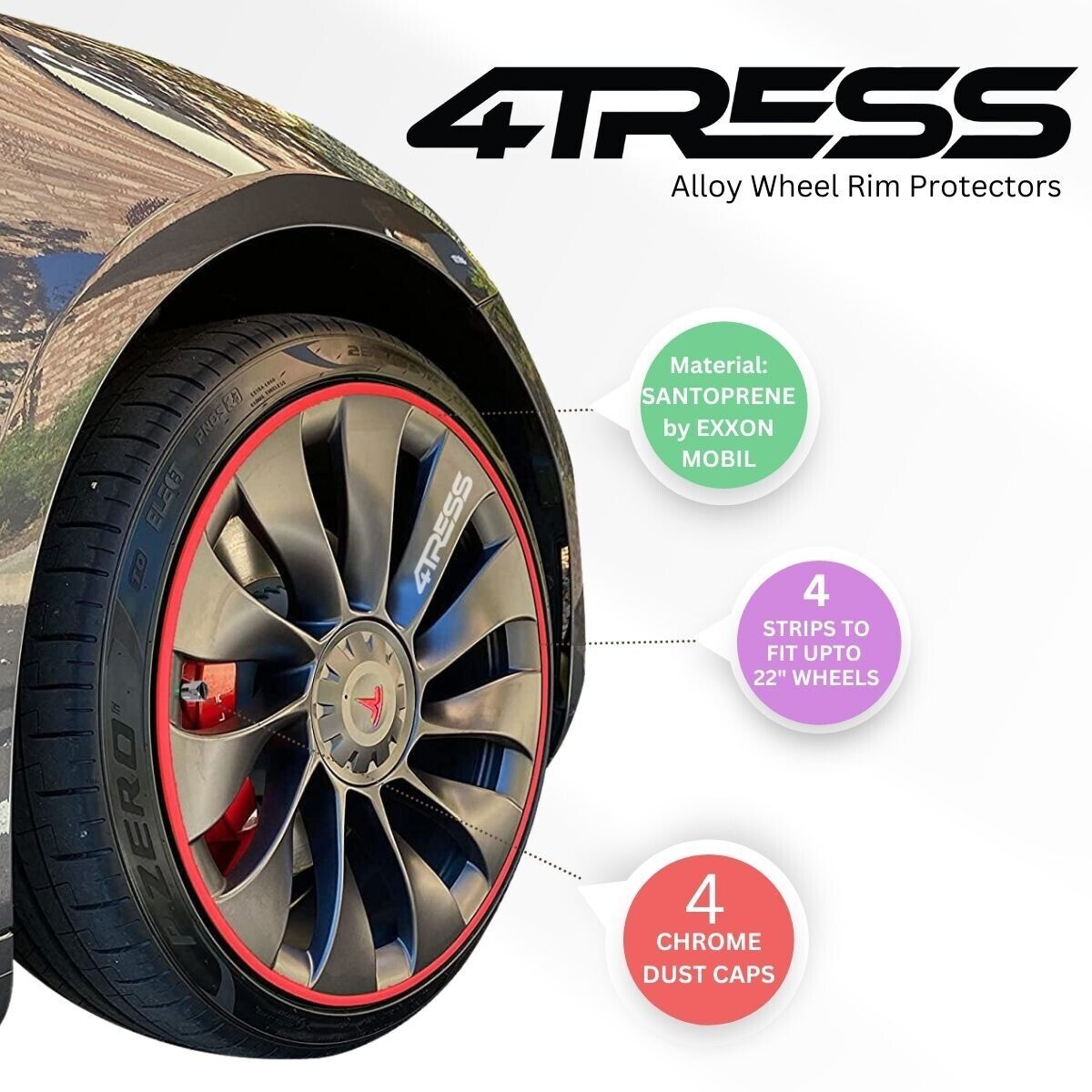 Red Rim Protectors 4TRESS ULTRA RED Car 4x4 Alloy Wheel Rim Edge Protectors Strips Kit