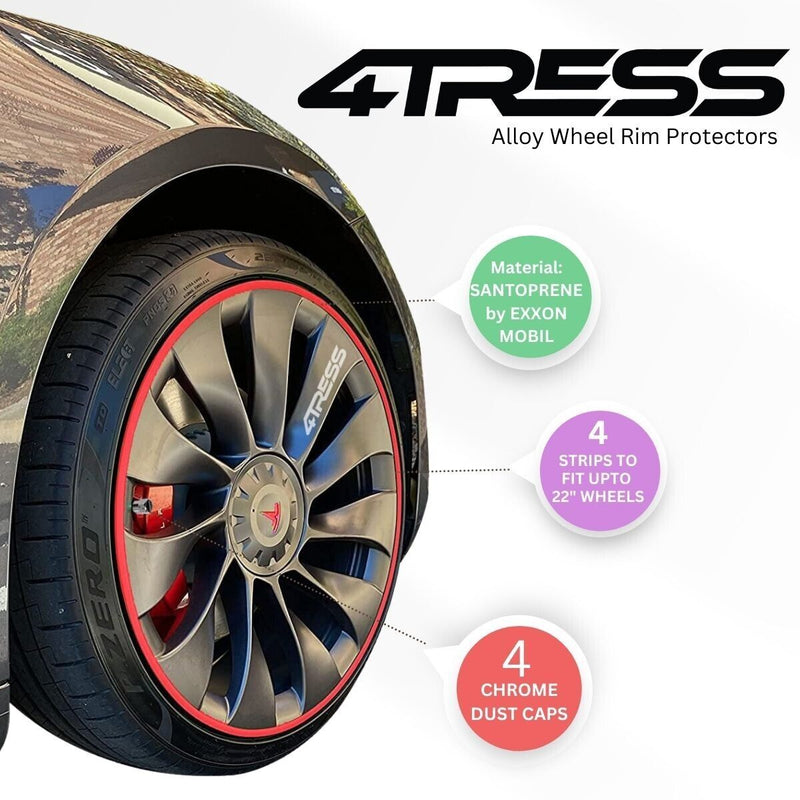 4TRESS ULTRA RED Car 4x4 Alloy Wheel Rim Edge Protectors Strips+Chrome Dust Caps Kit